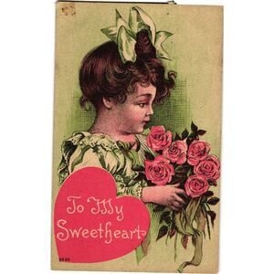 Valentine Postcard‎ To My Sweetheart Red Heart Bouquet of Roses Antique Unposted
